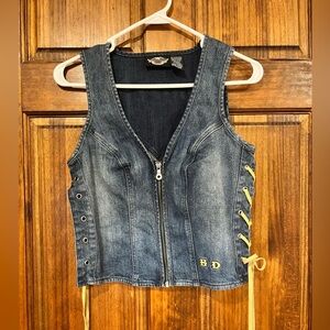 Harley Davidson Vintage Denim Vest Zipper and Lace Up Sides Women’s sz Small